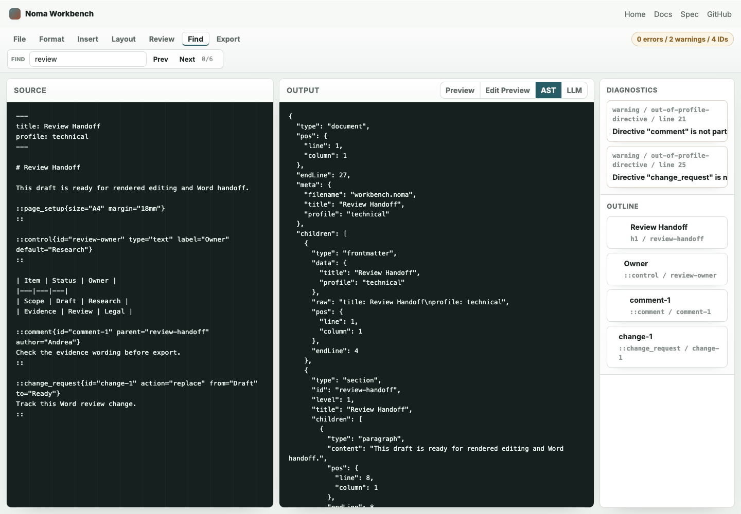 Noma Workbench authoring state showing inserted layout, review, control, table, and diagnostic blocks with a compact menu-driven ribbon.